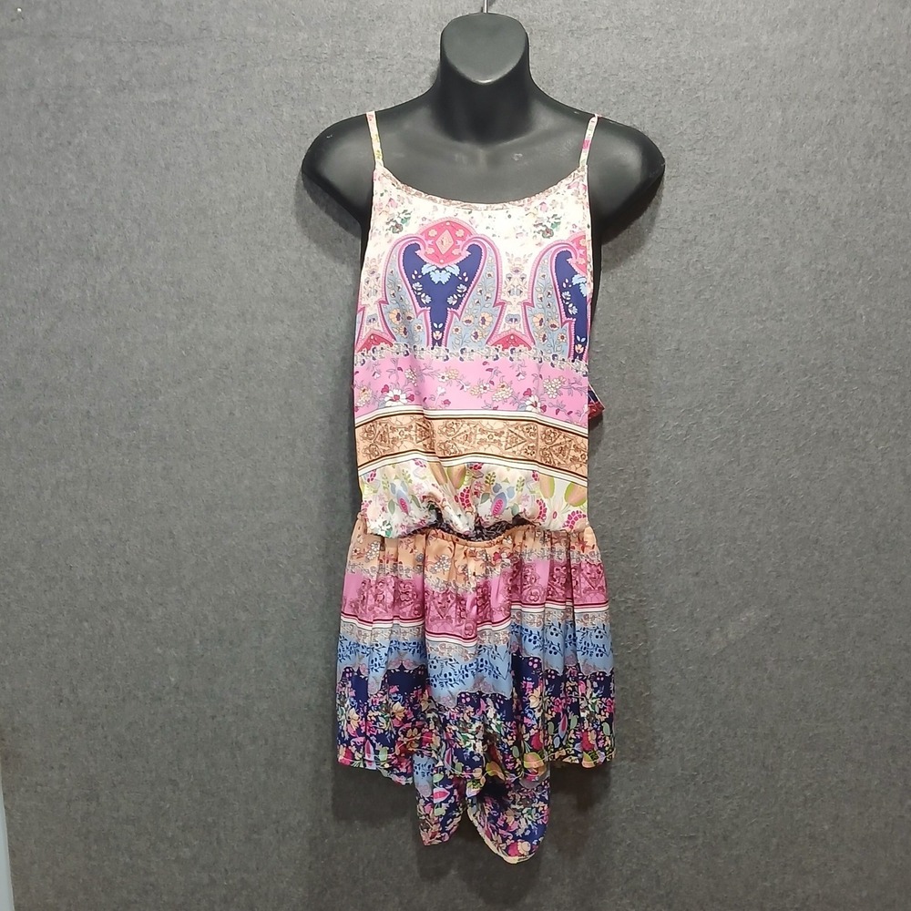 Satin Boho Romper sz 10 apron pocket front tie sash back hippie indie sleaze